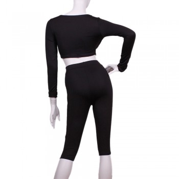 Crop Top Pants O-Neck Party Outfit Workout Clothes Khaki Black